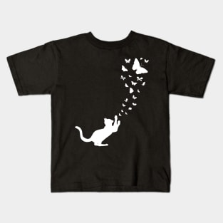 Cute Cat Catching Flying Butterflies Kids T-Shirt